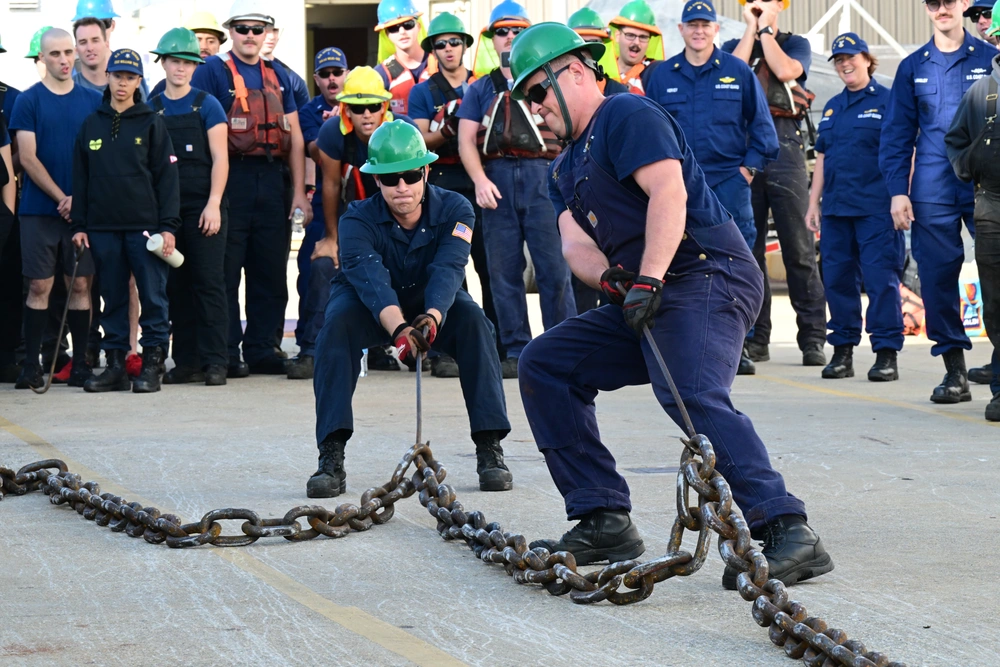 Aids to navigation crewmembers compete in the chain pull event, Oct. 23, 2024 during the annual Buoy Tender Round-up held in Portsmouth, Virginia.