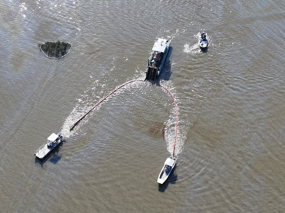 An overflight displays the affected area of marsh environment near Garden Island Bay, Louisiana on May 1, 2025. A safety zone has been enacted in the area and boom has been placed to contain the released product. (U.S. Coast Guard courtesy photo) An overflight displays the affected area of marsh environment near Garden Island Bay, Louisiana on May 1, 2025. A safety zone has been enacted in the area and boom has been placed to contain the released product. (U.S. Coast Guard courtesy photo)