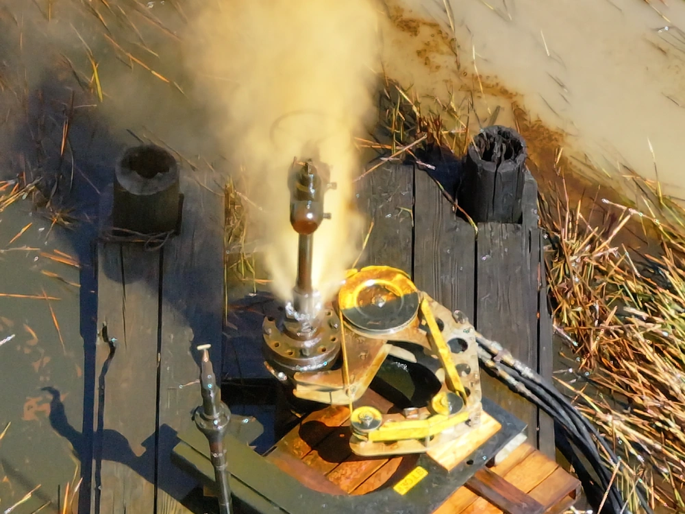 An overflight displays the source of the discharge near Garden Island Bay, Louisiana, on May 4, 2025. The well intervention team successfully cut the flange on the discharging wellhead, enabling responders to install a flowback assembly to regain control of the source. (U.S. Coast Guard courtesy photo) An overflight displays the source of the discharge near Garden Island Bay, Louisiana, on May 4, 2025. The well intervention team successfully cut the flange on the discharging wellhead, enabling responders to install a flowback assembly to regain control of the source. (U.S. Coast Guard courtesy photo)