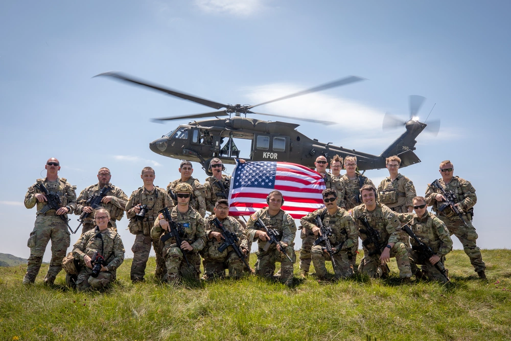 U.S. Soldiers assigned to the NATO-led KFOR mission conduct routine security patrol