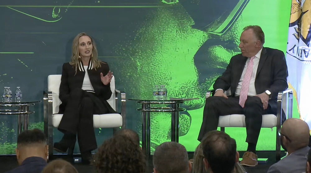 Tara Murphy Dougherty, left, chief executive officer of Govini, and John Baylouny, right, executive vice president and chief operating officer, Leonardo DRS Inc., weigh benefits and potential challenges of NGC2 going forward during a panel at AUSA in Washington, October 14, 2025.