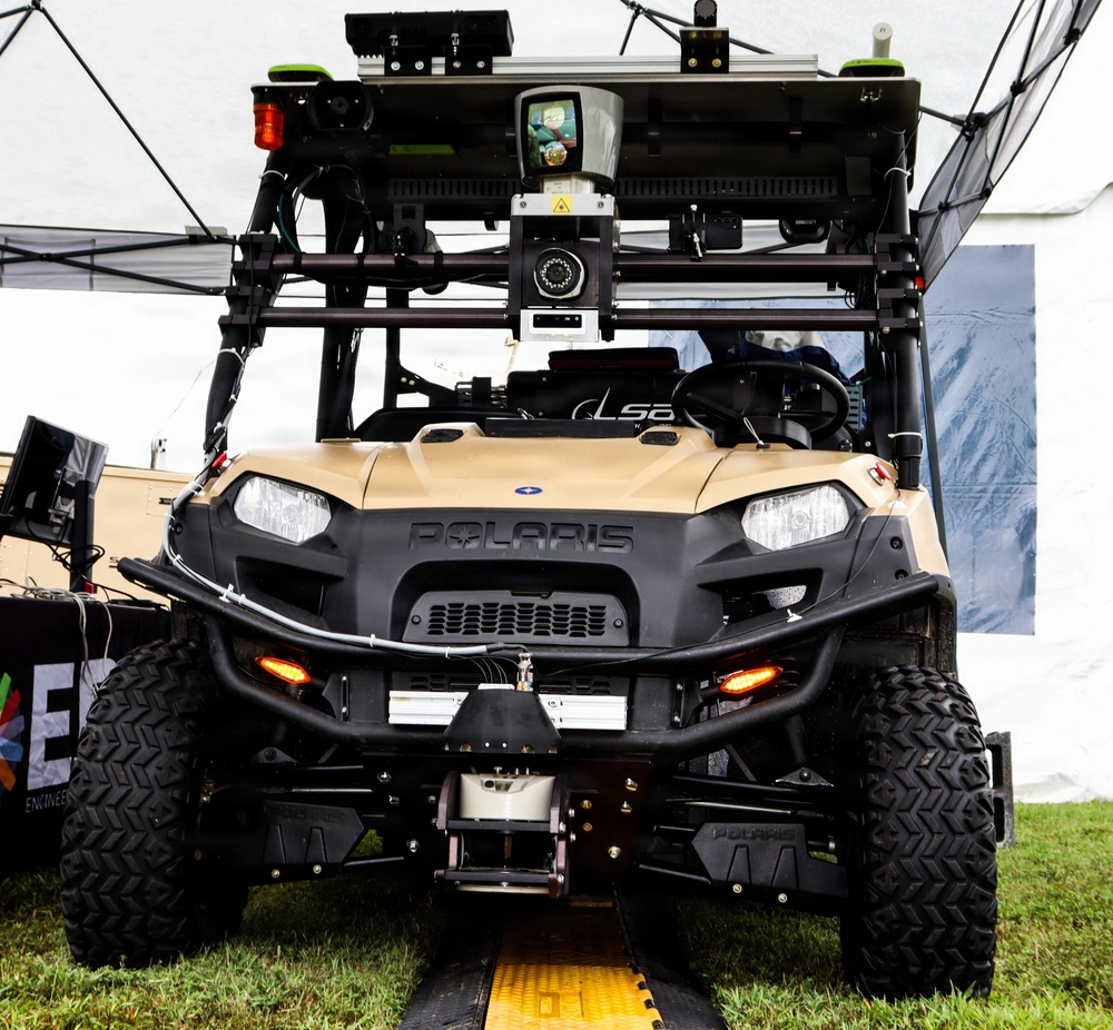 Pathfinder3D, a type of GPS that maps terrain in degraded or denied environment to provide accurate locations, mounted on a demonstration vehicle.