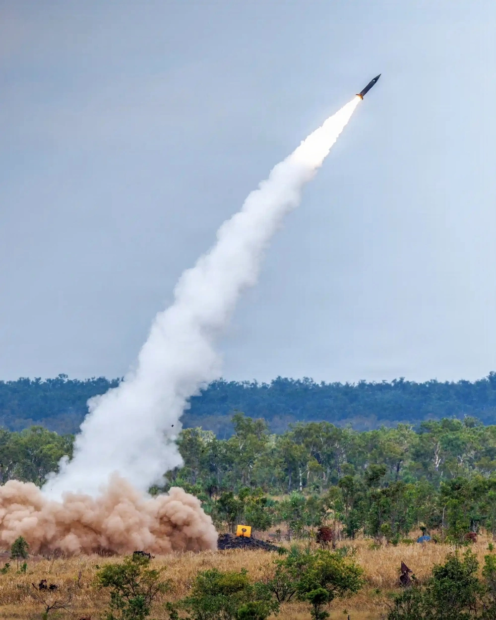 An Australian Army HIMARS from 14th Regiment, Royal Australian Artillery, fires a PrSM from Mount Bundey Training Area, Northern Territory during Exercise Talisman Sabre 2025.