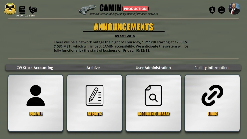 A screenshot of the “CAMIN Production” application, developed by CECOM ASIC, showcases a dynamic dashboard for leaders. The platform integrates key information, including announcements and a variety of data visualizations. This is an example of how low-code solutions can unify data sources to provide real-time, scannable insights for improved situational awareness and decision-making.