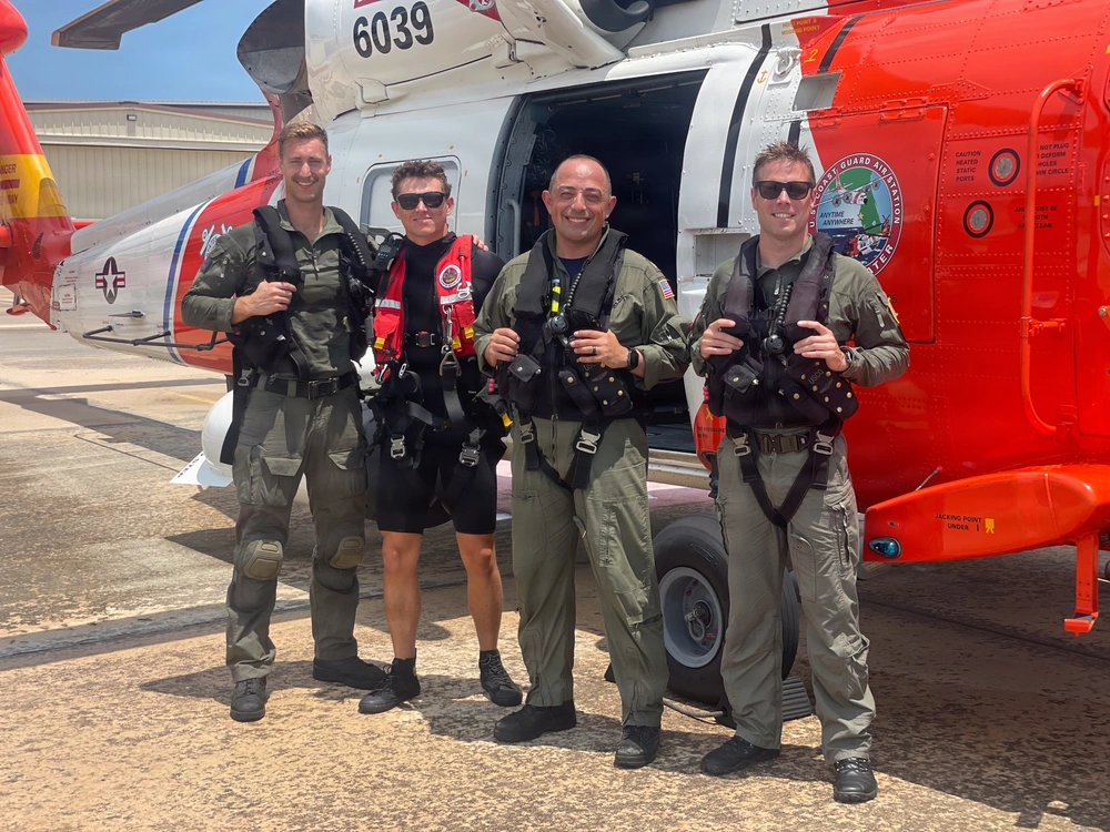 A Coast Guard Air Station Clearwater helicopter crew poses for a photo after completing a medevac June 12, 2026. The crew conducted the medevac 92 miles offshore Brunswick, Georgia, and transported to St. Simons Island Airport in Georgia, where he was transferred to EMS for further care. (U.S. Coast Guard photo, courtesy Air Station Clearwater) A Coast Guard Air Station Clearwater helicopter crew poses for a photo after completing a medevac June 12, 2026. The crew conducted the medevac 92 miles offshore Brunswick, Georgia, and transported to St. Simons Island Airport in Georgia, where he was transferred to EMS for further care. (U.S. Coast Guard photo, courtesy Air Station Clearwater)