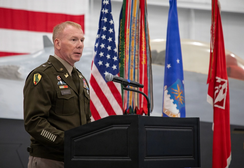 Army Brig. Gen. William C. Hannan, Jr., commanding general of Joint Task Force Castle, speaks about the important role the JTF will play in the development and construction of the infrastructure that will support the Sentinel Program. The U.S. Army Corps of Engineers and the U.S. Air Force activated Joint Task Force Castle in a ceremony at Hill Air Force Base, Utah, on July 16, 2026.
